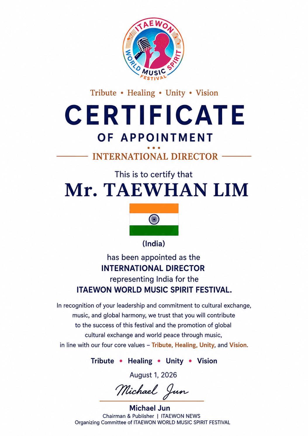 Certificate appointing Mr. Taewhan Lim as International Director representing India for the ITAEWON World Music Spirit Festival, dated August 1, 2026.